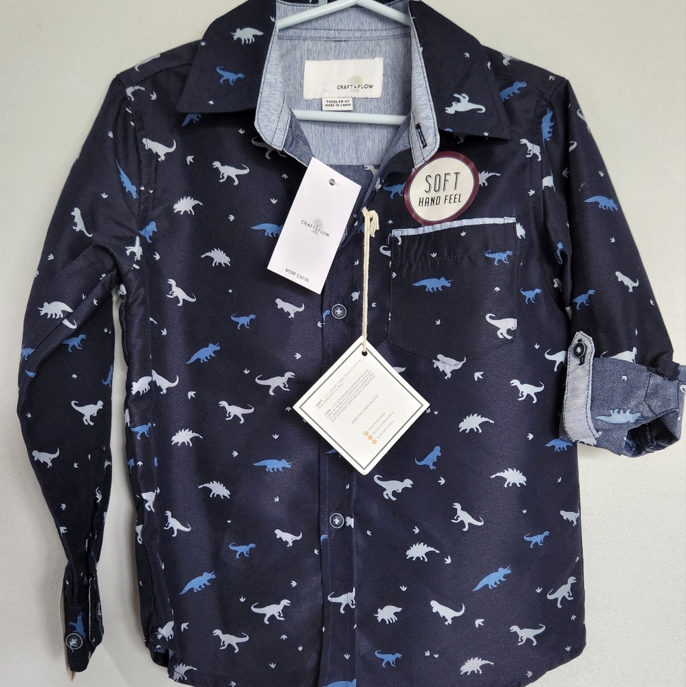Craft+Flow Boys Long Sleeve Button Down Dinosaur Shirt Size 4t